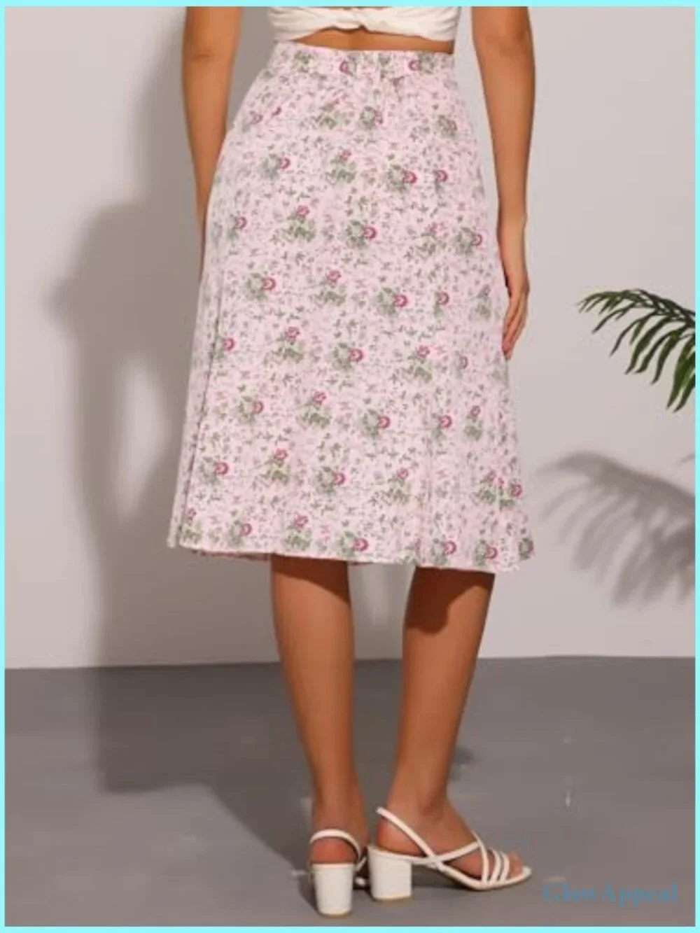 Ditsy Floral Print Peasant Elastic Waist A-Line Midi Skirt - Picture 4 of 5